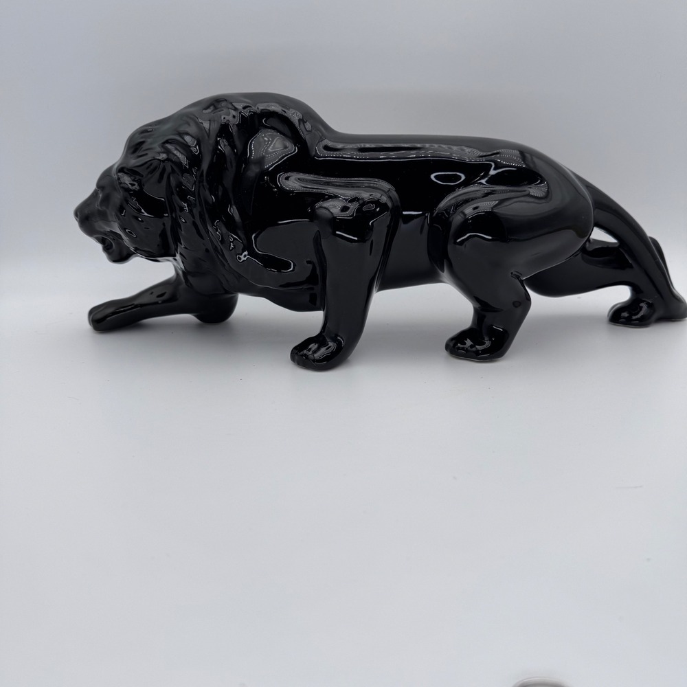 Vintage MCM Black Ceramic Stalking Lion High Gloss Prowling Sleek Style Statue
